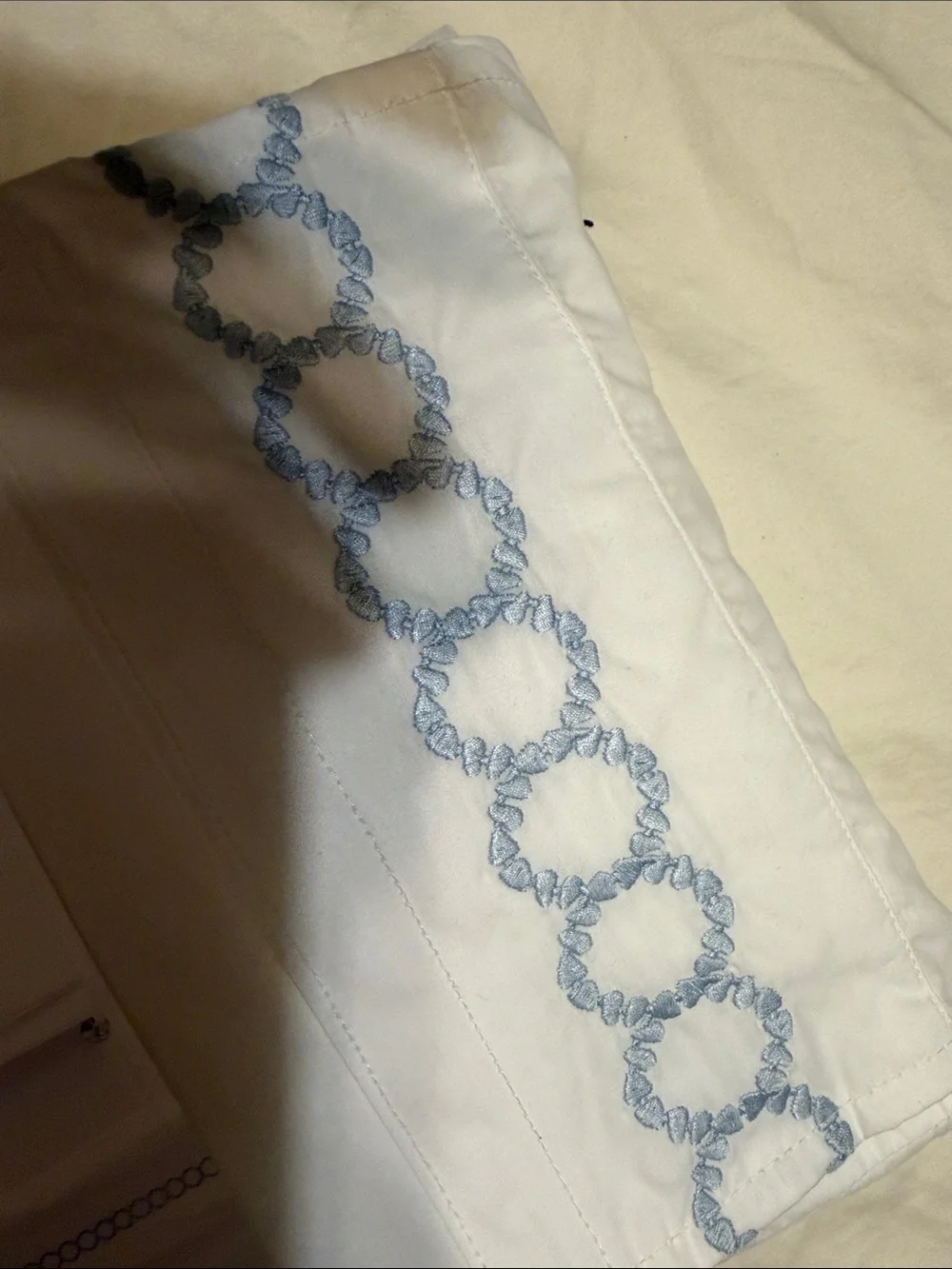 Clean Design Home x Martex White Shower Curtain with Light Blue Embroidery